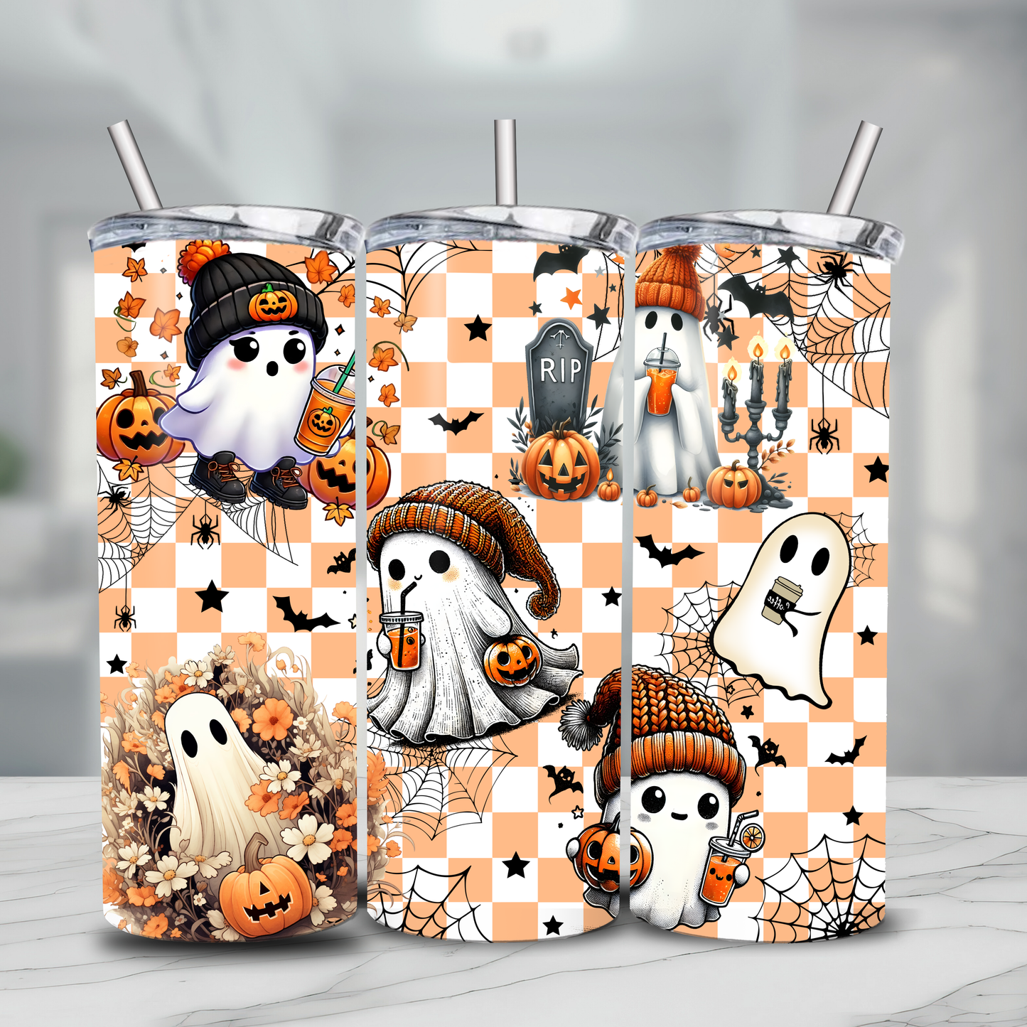 Orange Checkered Ghost | 20 oz Tumbler