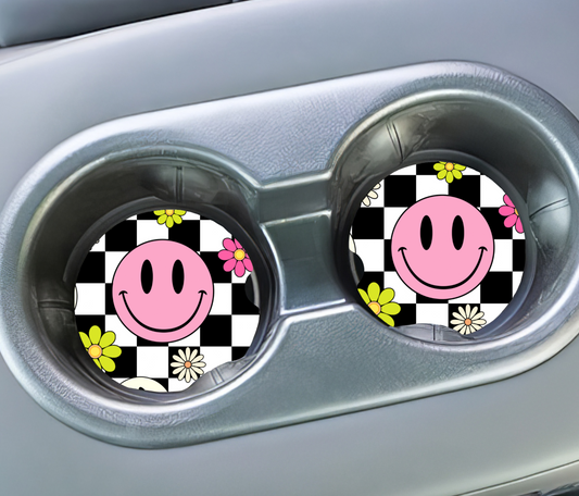 Neon Flower Smiley Face | Ceramic Car Coaster