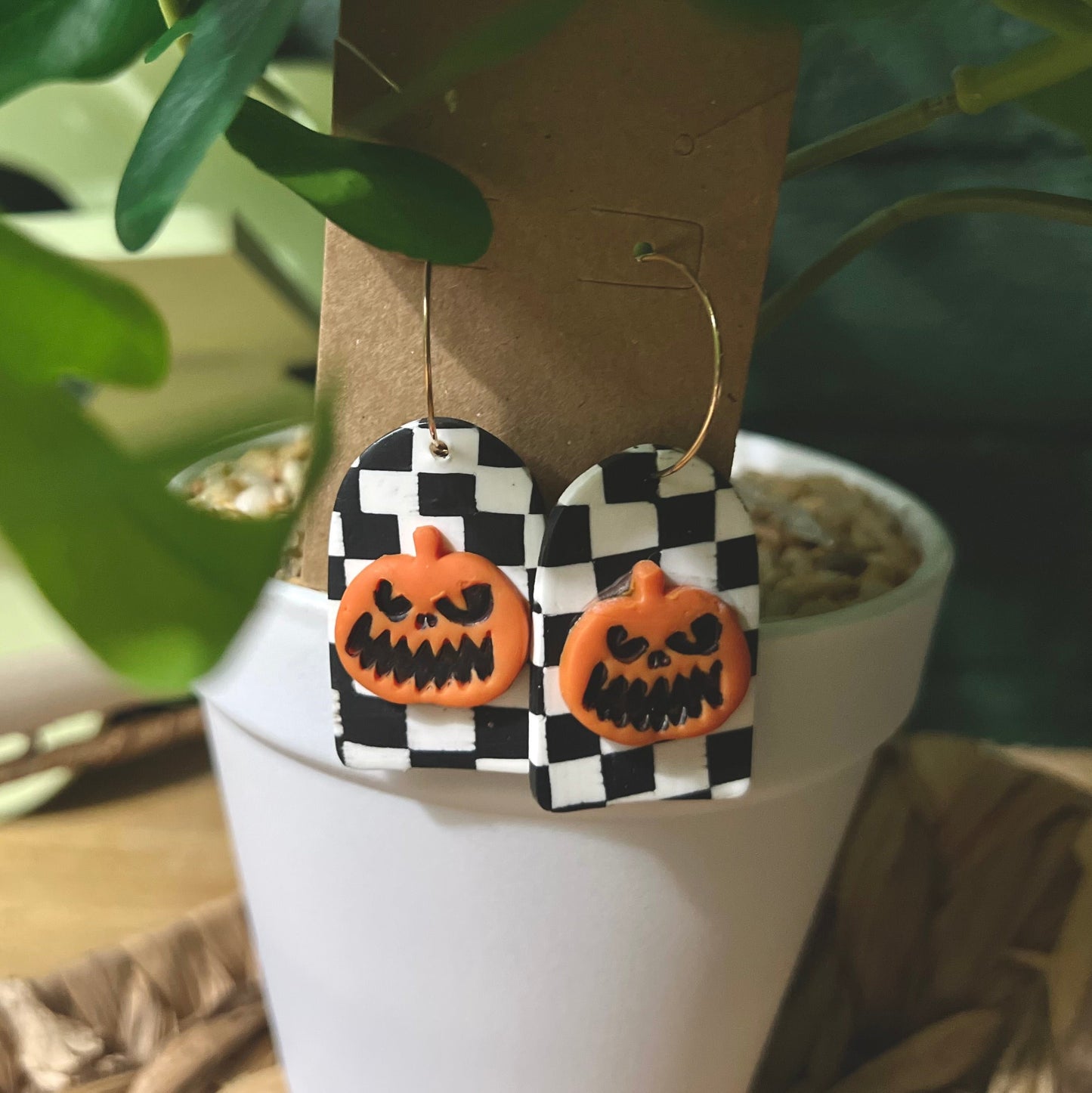 Checkered Pumpkin | Gold Dangle Hoop Earrings