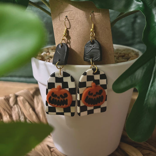 Checkered Pumpkin | Gold Dangle Earrings