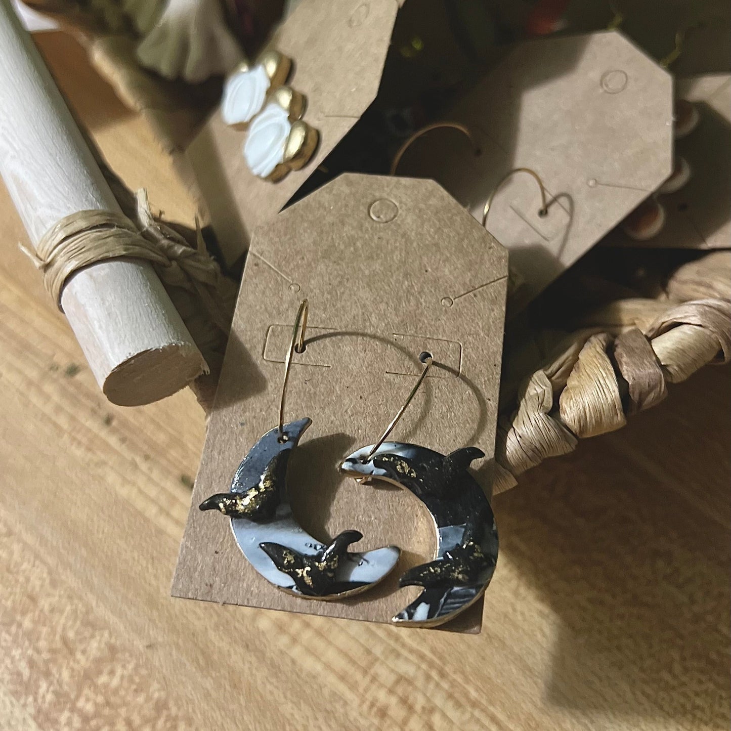 Moons & Bats with Gold Edge | Gold Dangle Hoop Earrings